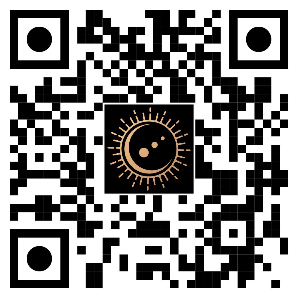 Black and white QR code with a sun and planet icon centered, designed for quick access to astronomy-related content.
