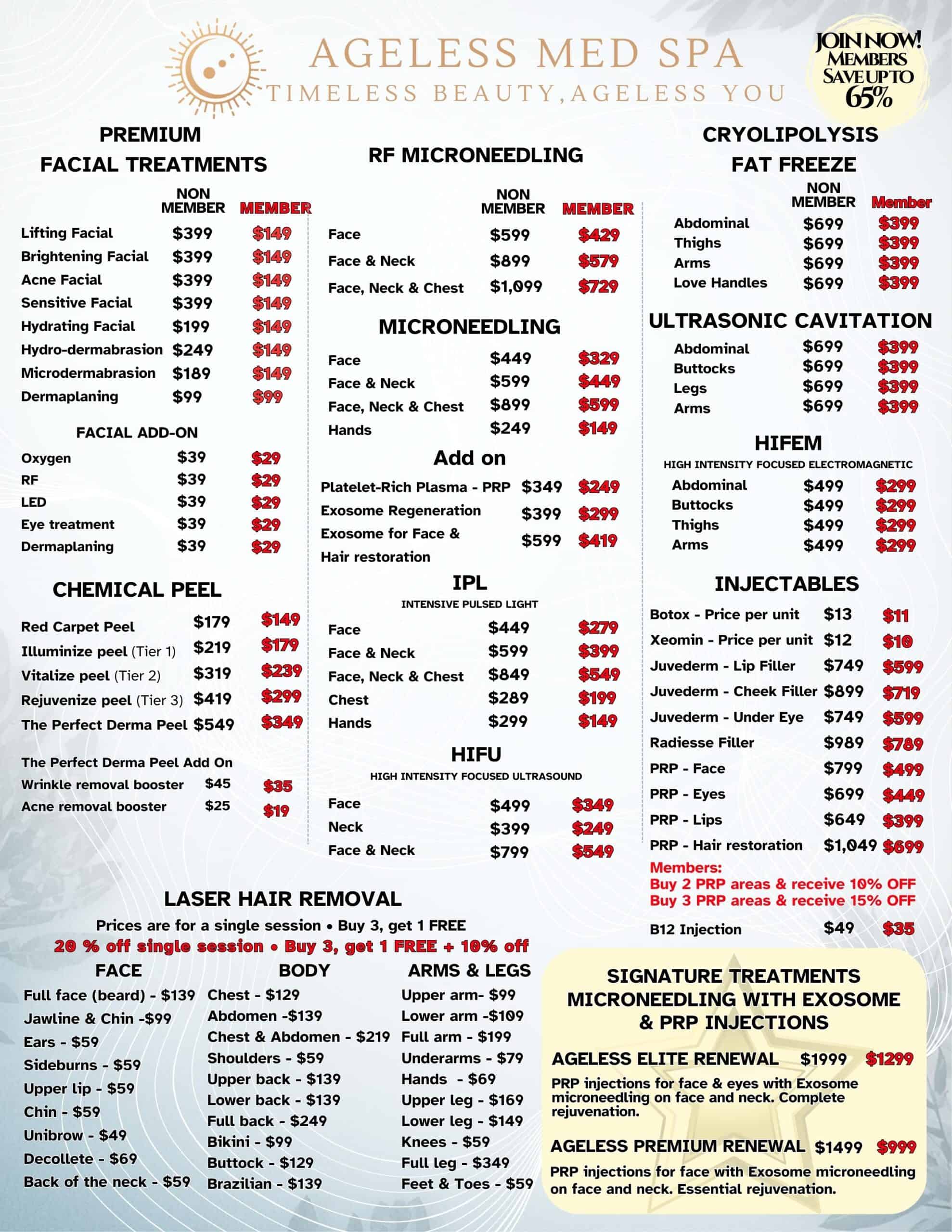 Service menu at Ageless Med Spa showing prices for facials, microneedling, fat freeze, laser hair removal, and injectables.