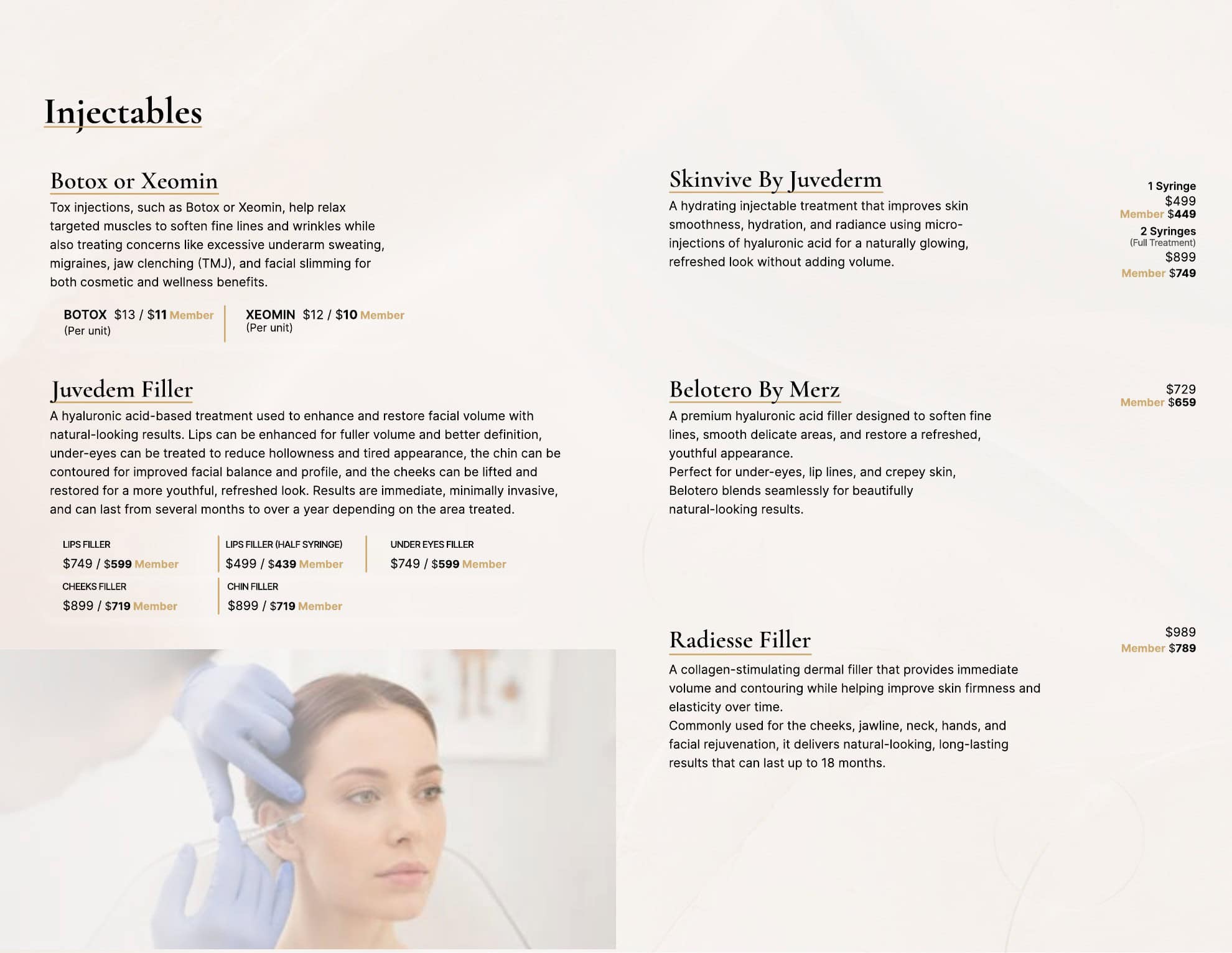 A menu lists Botox and Juvederm prices; a woman gets a facial injection in a clinical setting at the bottom left.