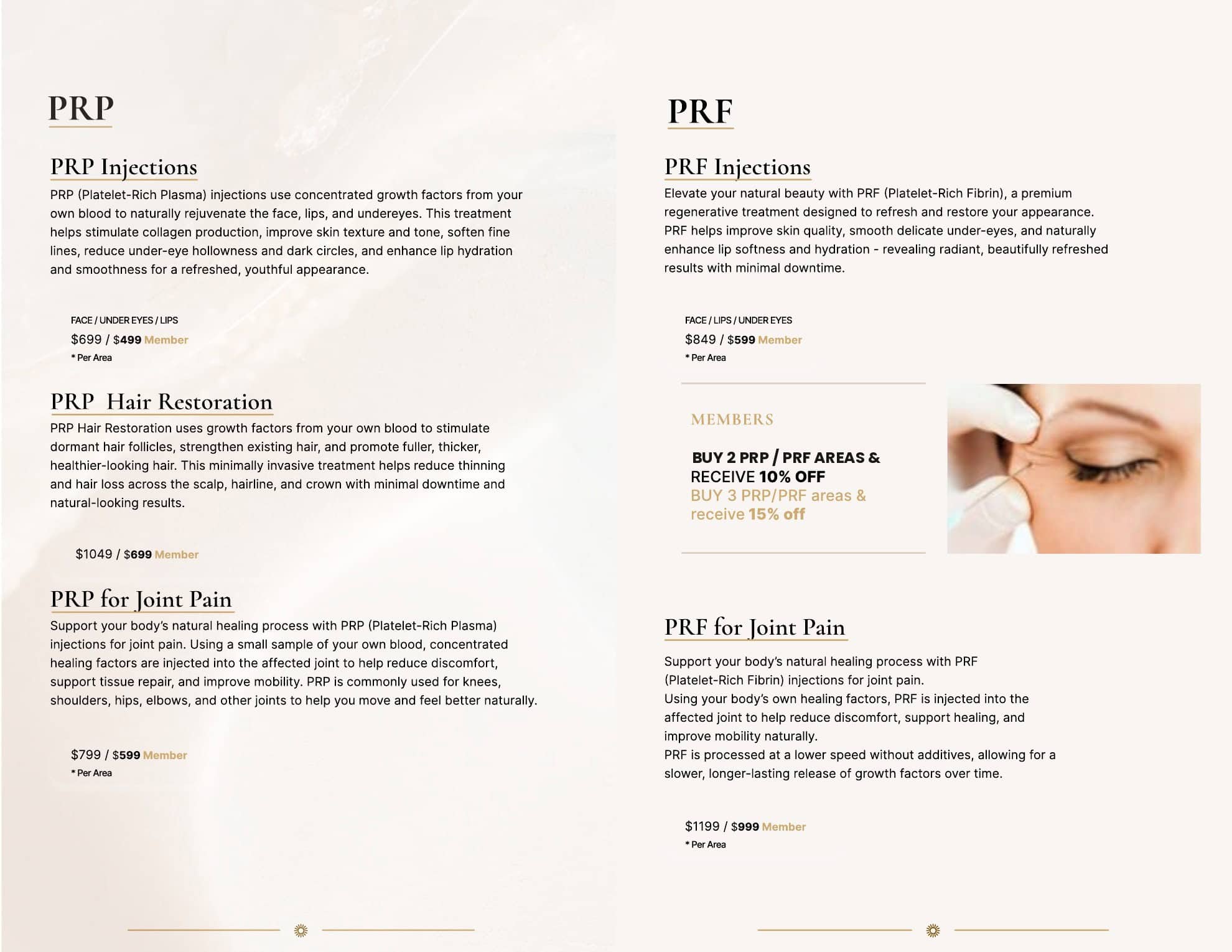 Brochure page with PRP injection info, pricing, and a close-up of a needle near a person’s face.