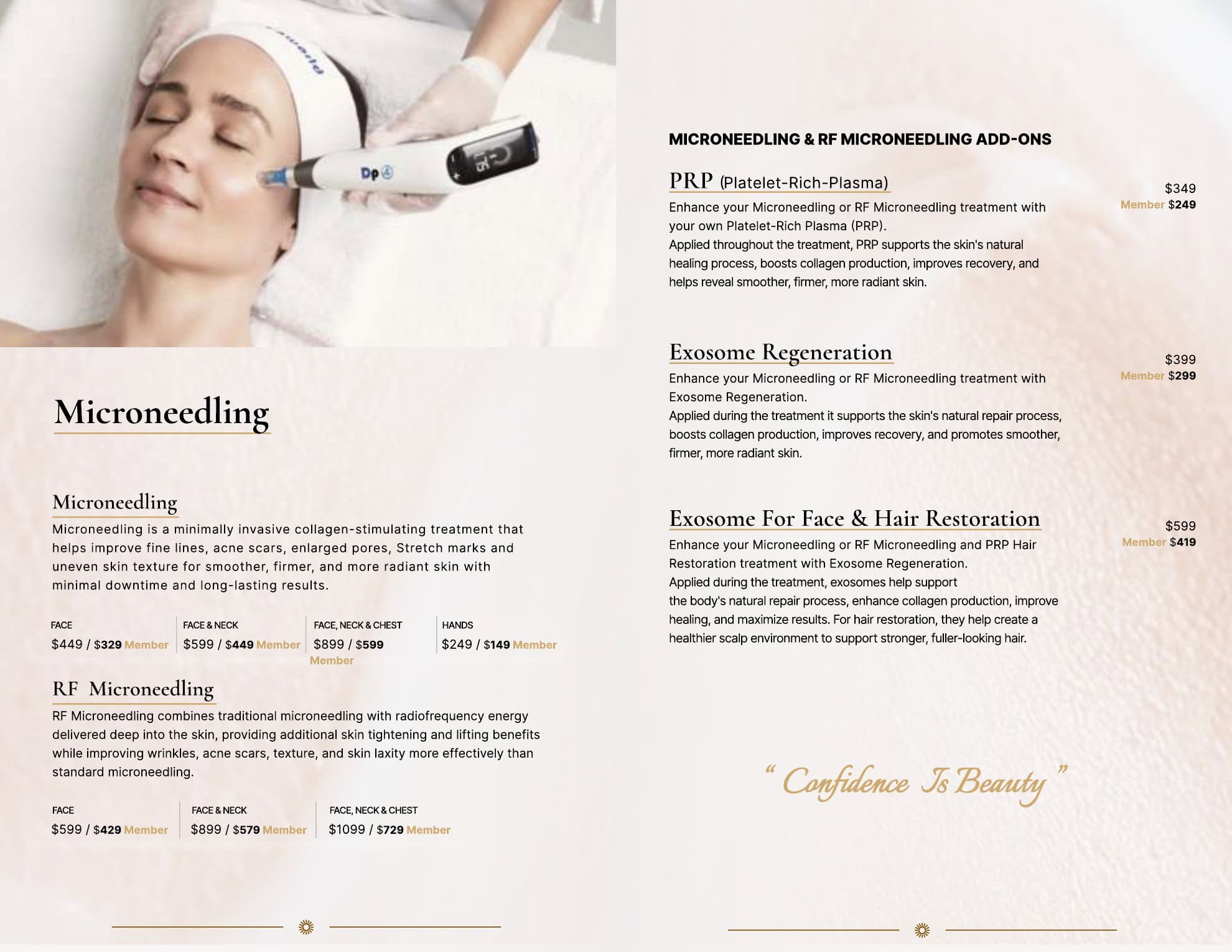 Woman getting microneedling facial at spa; menu shows service details, prices, and add-ons like PRP and Exosome Regeneration.