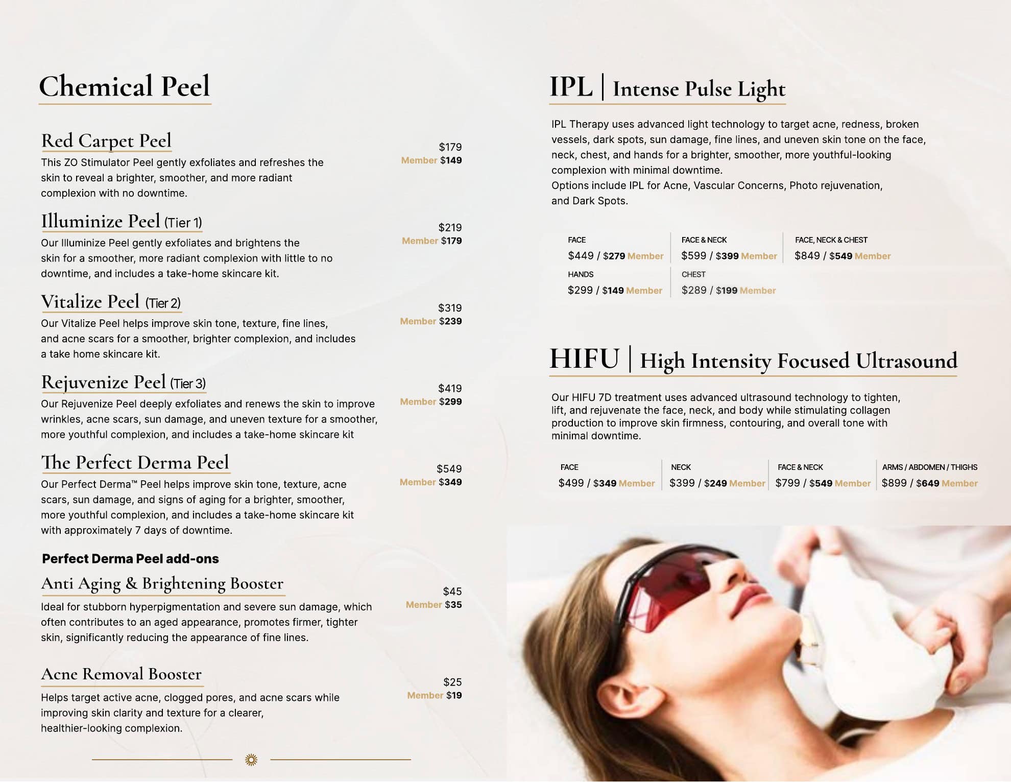 Woman receiving facial treatment with handheld device, wearing protective eyewear; spa menu with services and prices visible.