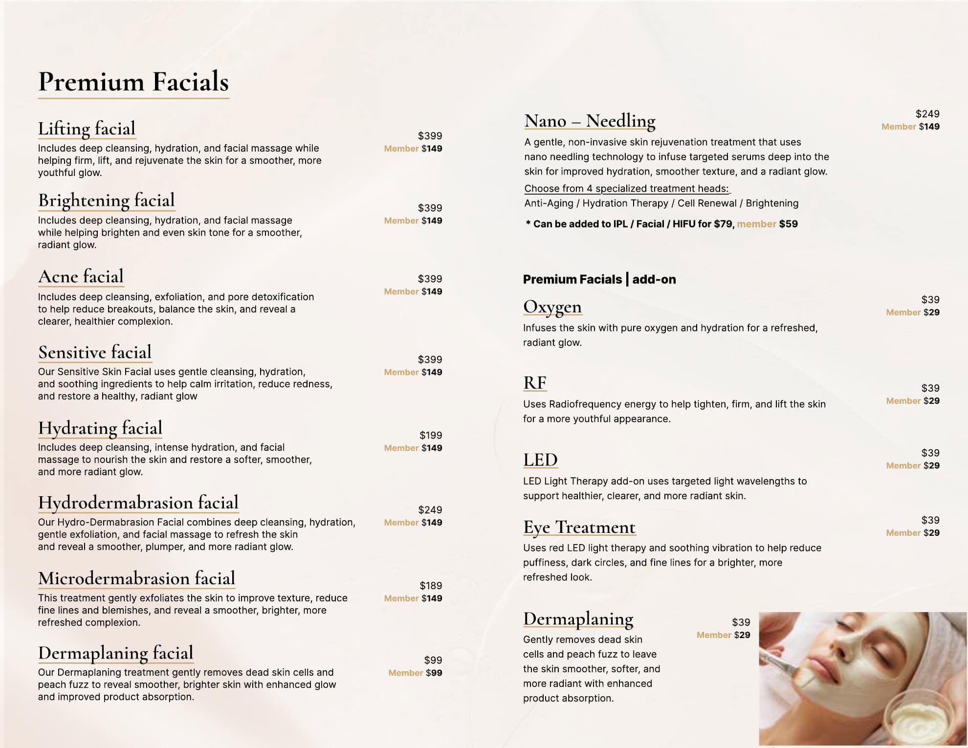 Facial treatments menu with services, prices, and a photo of a person getting a facial brush treatment in the bottom right corner.