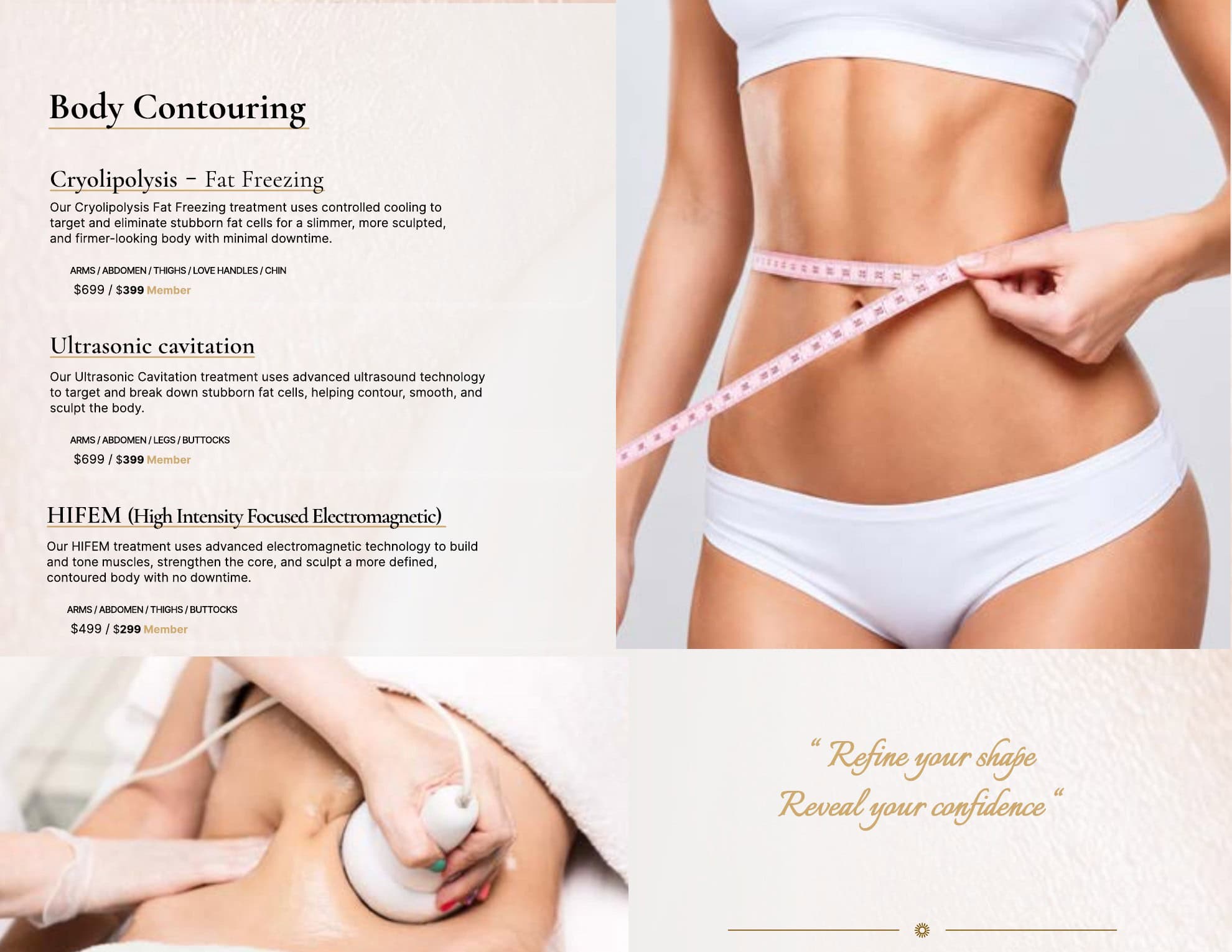Woman in white underwear measures waist with pink tape; another person applies a body contouring device to their stomach.