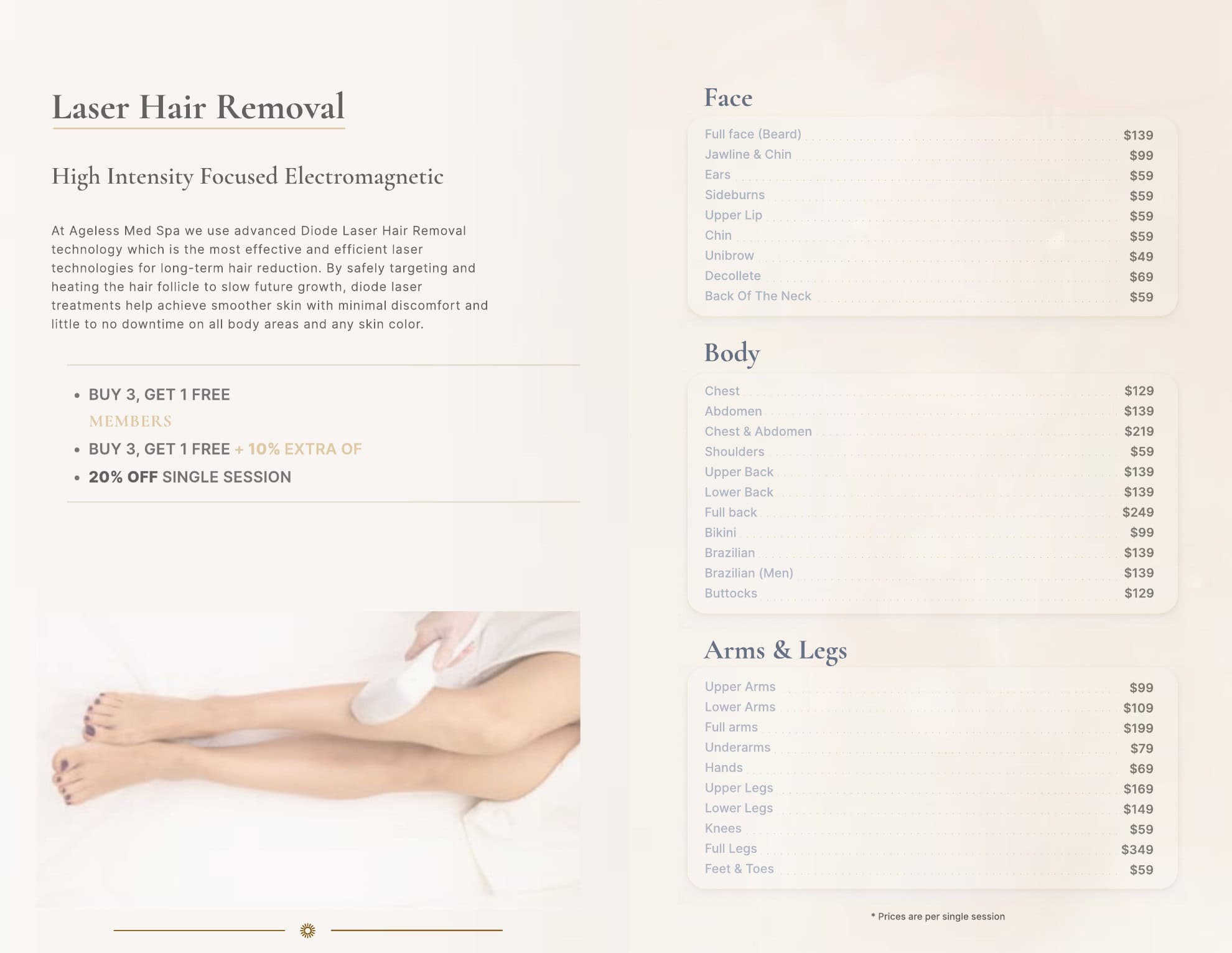 Laser hair removal price list by area with photo of person touching their leg; buy 3, get 1 free offer shown.