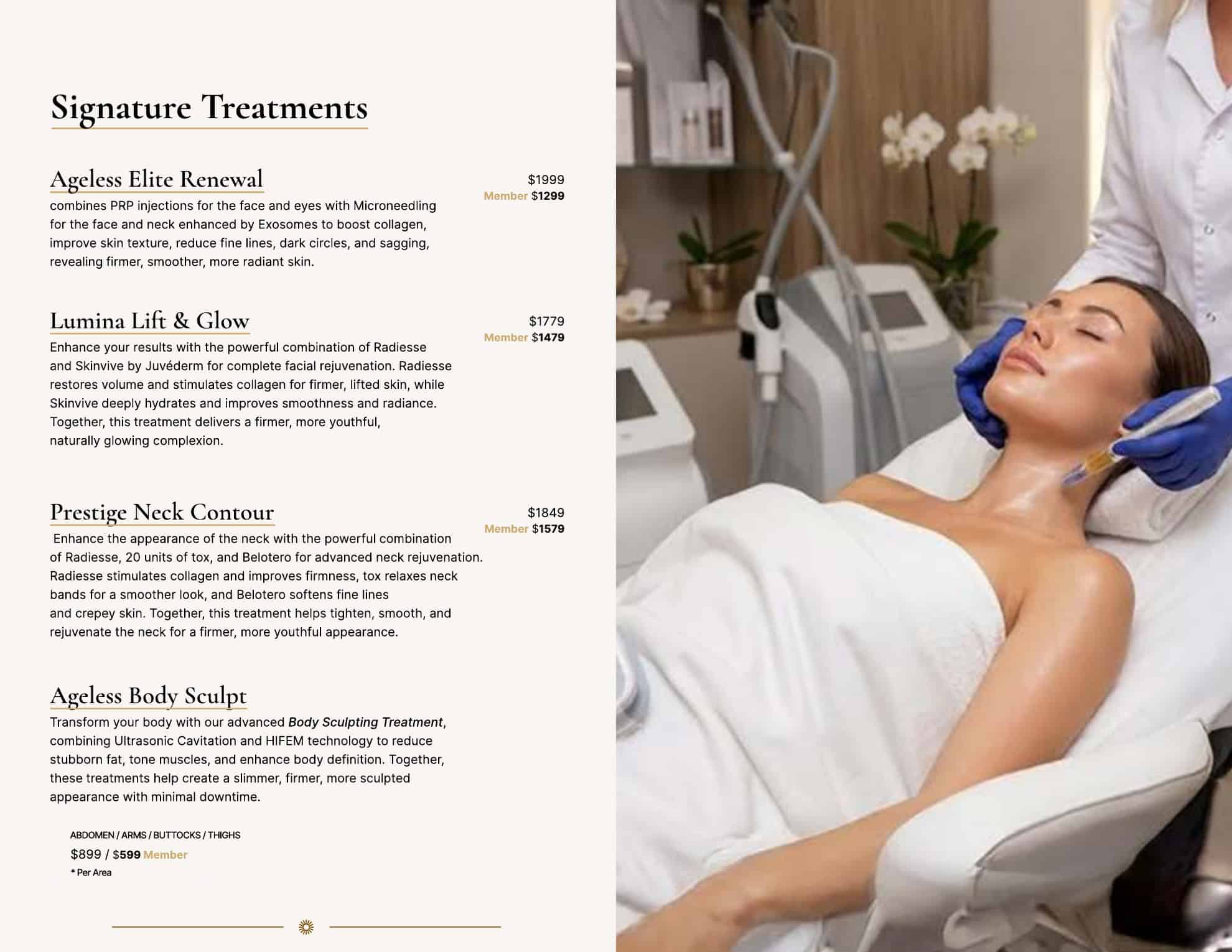 A woman receives a facial treatment on a table while a list of aesthetic services and prices appears on the left.
