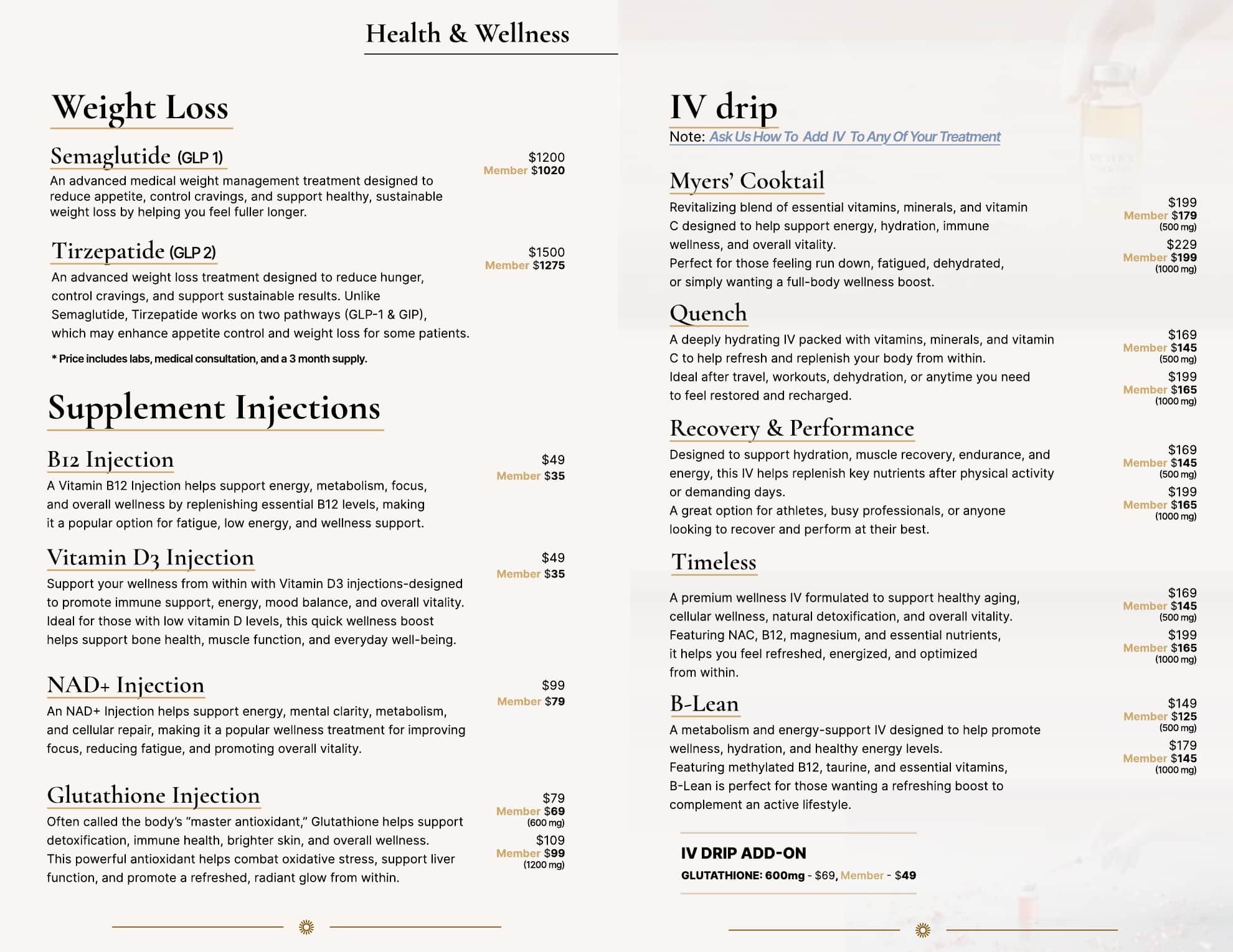 Health and wellness menu with prices for weight loss shots, supplement injections, and IV drips listed for members and non-members.