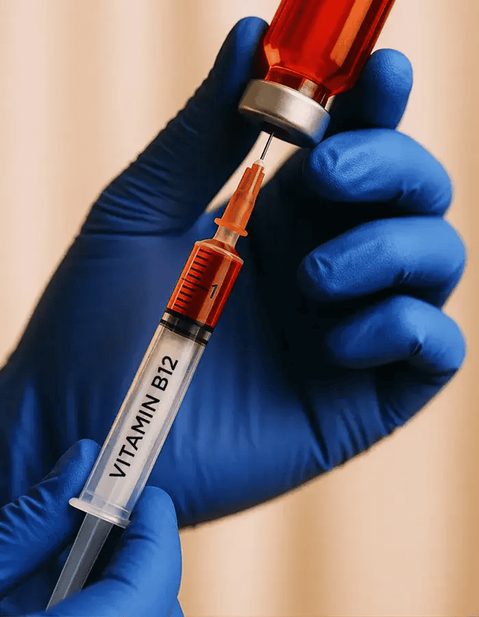 Hands in medical gloves fill a syringe labeled “Vitamin B12” with red liquid from a vial.
