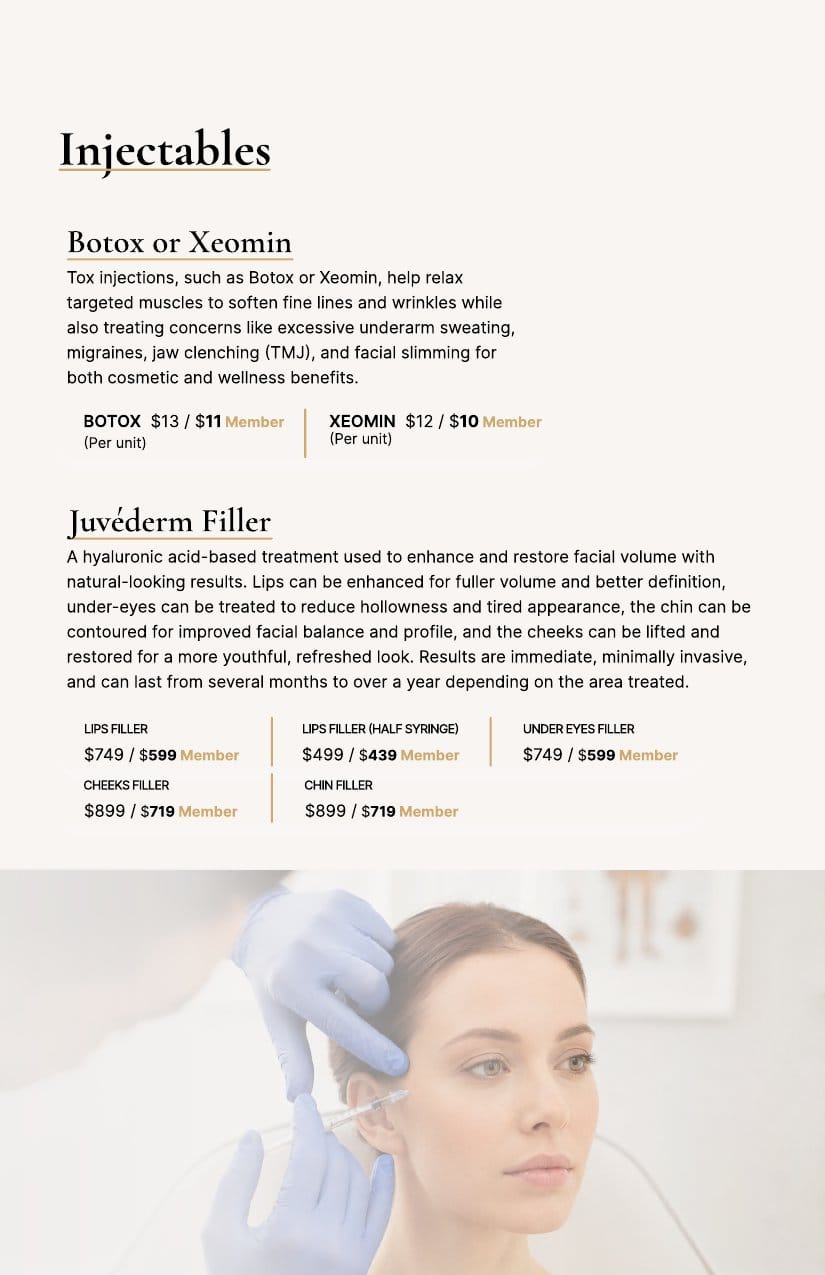 Brochure page with injectable treatment prices, Botox/Xeomin and Juvéderm info, plus a woman’s profile on the right.
