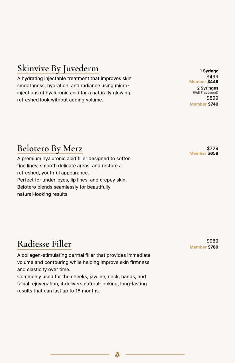 Price list for Skinvive, Belotero, and Radiesse fillers with brief descriptions and member vs. standard pricing.