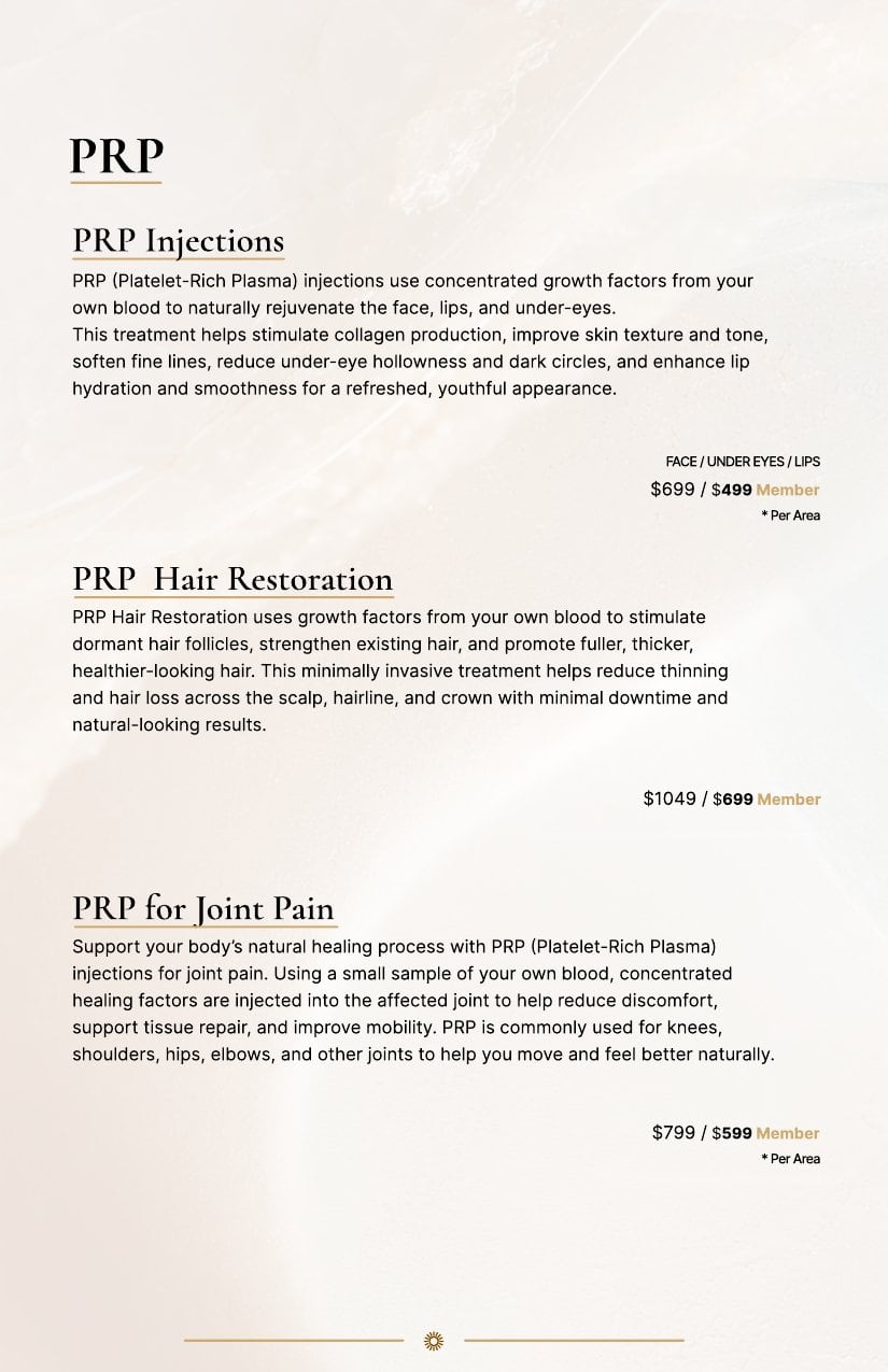 Flyer outlining PRP treatments, including injections, hair restoration, joint pain therapy, prices, and treatment areas.