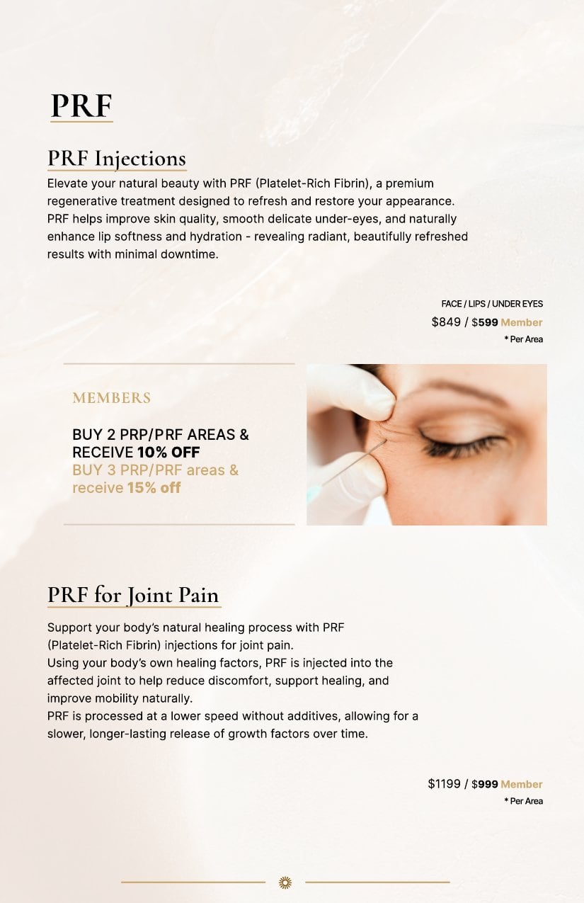 Flyer about PRF injections for beauty and joint pain, with prices, discounts, and a close-up of an under-eye treatment.