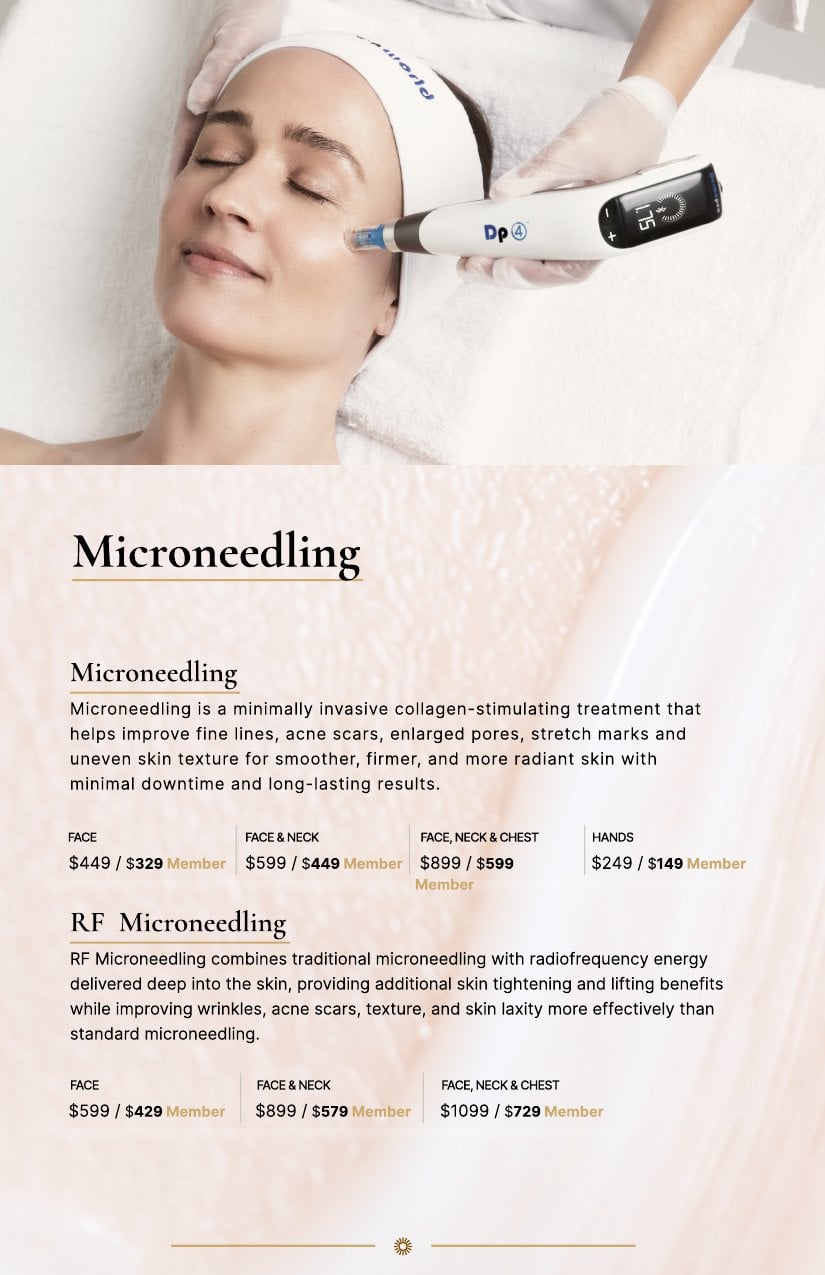 Woman undergoing microneedling facial with a handheld device in clinic; treatment menu and prices shown below.