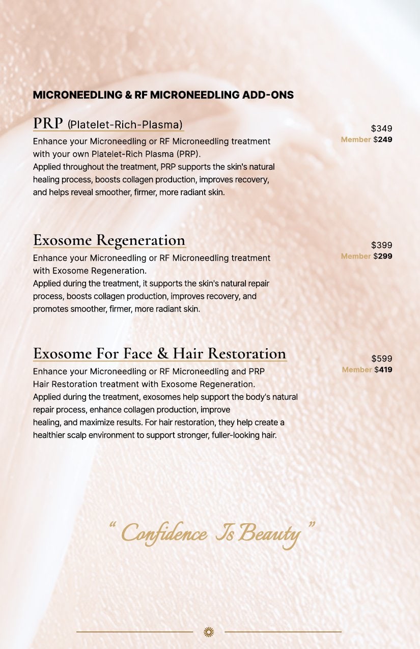 Microneedling and RF microneedling add-on price list featuring PRP and Exosome options for face and hair restoration.