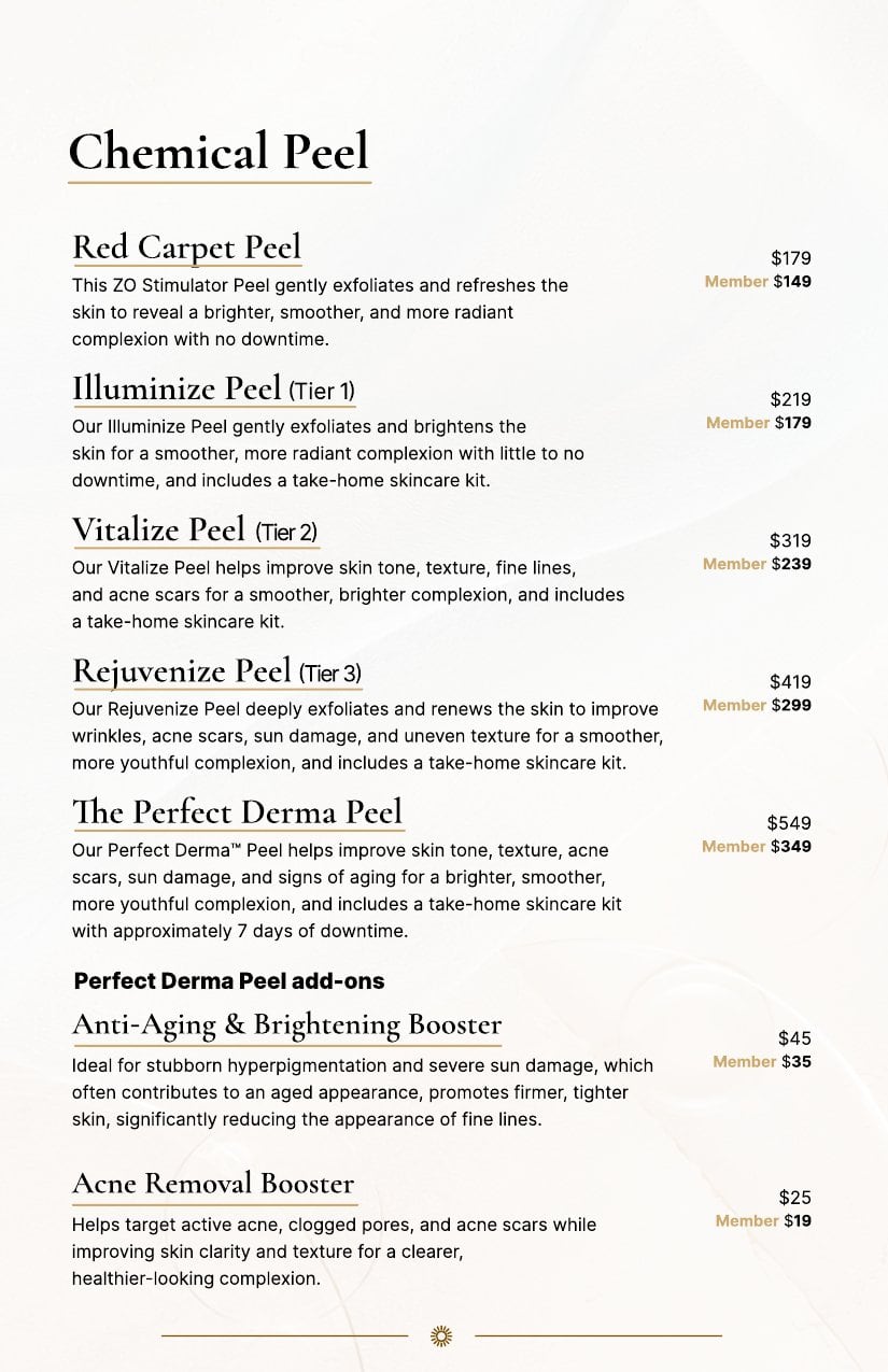 Chemical peel treatment price list with descriptions, standard and member rates, shown in tiers from basic to advanced options.