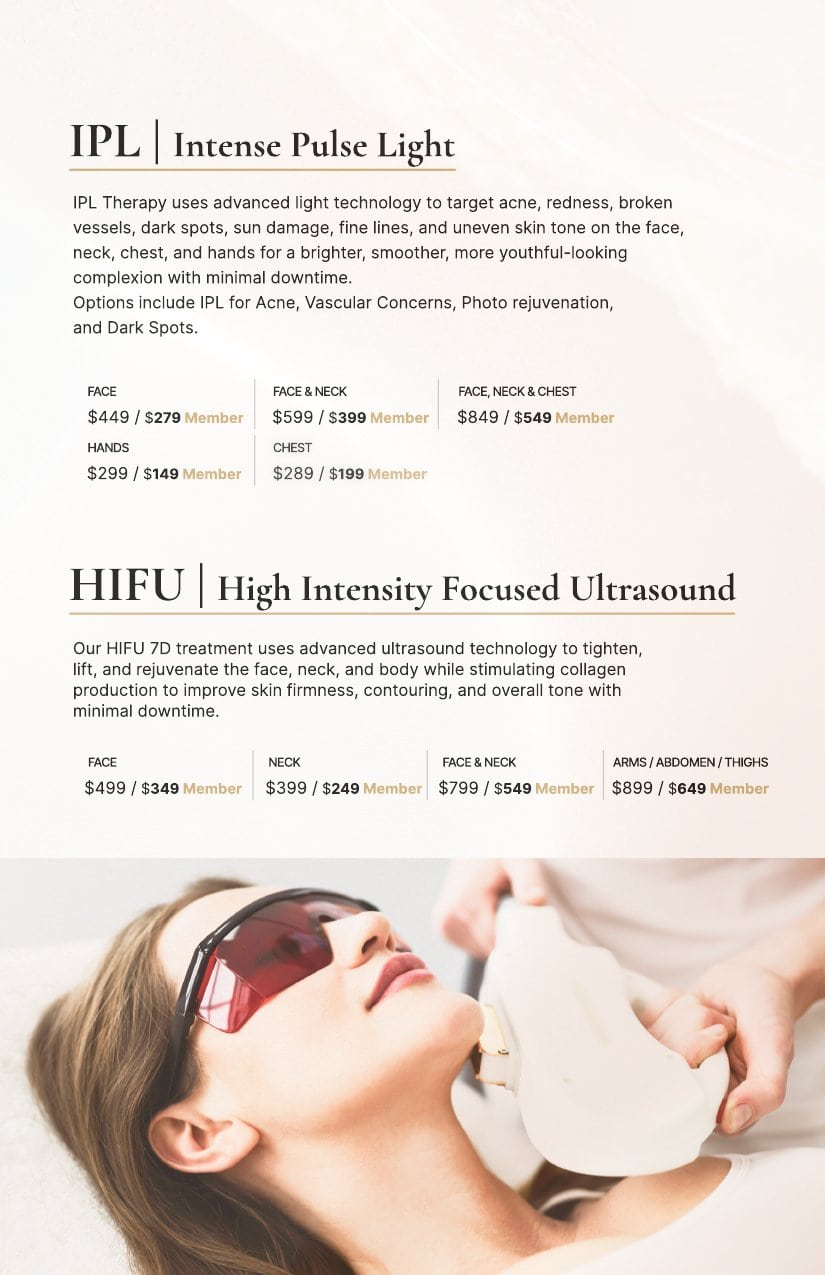Spa menu for IPL and HIFU shows treated areas, descriptions, and pricing for members and regular clients.