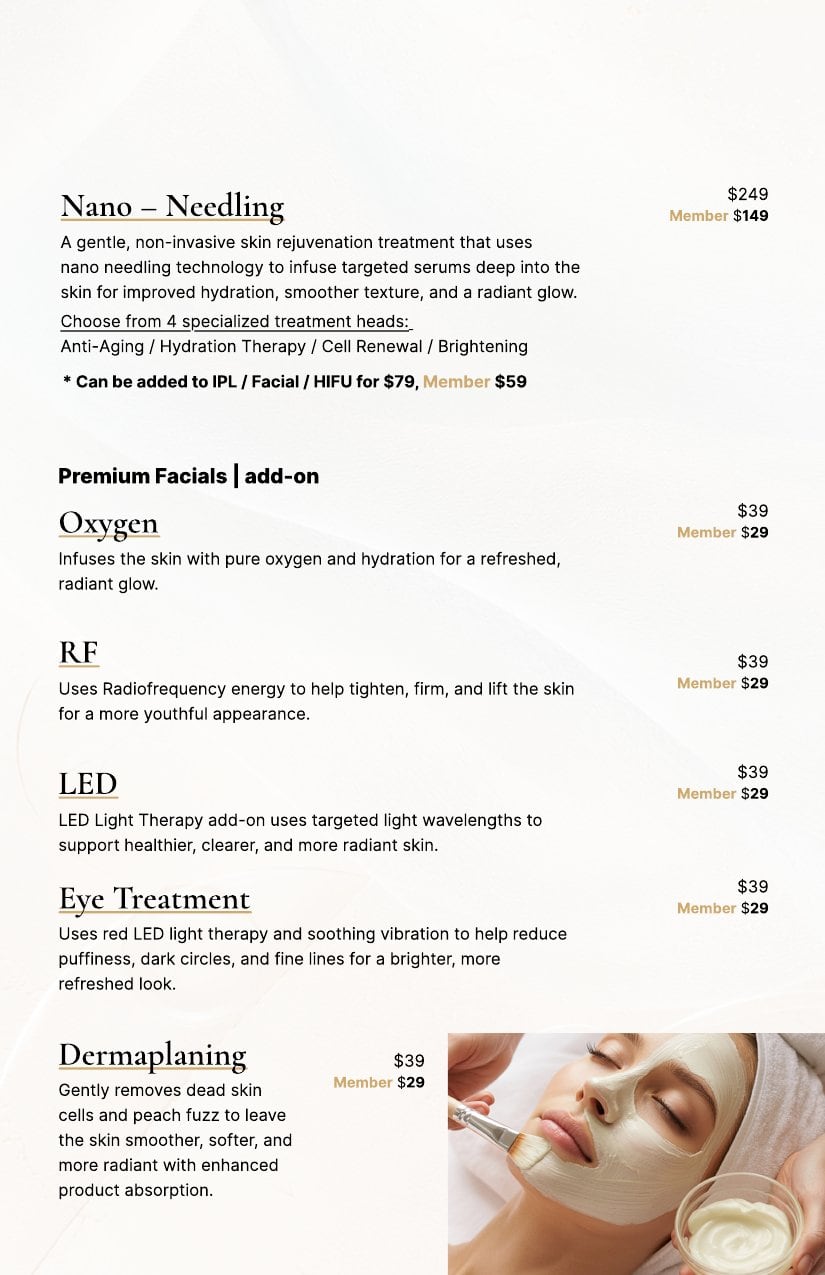 Skincare service menu with nano-needling, facials, and a small photo of a woman getting a facial treatment.