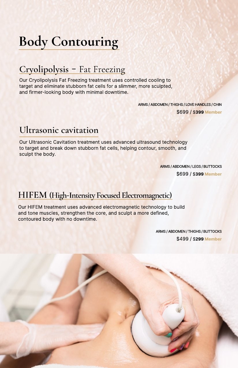 Person undergoing abdominal body contouring with a handheld device; text highlights procedures and pricing.