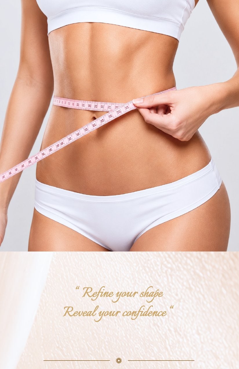 Woman in white underwear measuring her waist with a tape measure and the text “Refine your shape, Reveal your confidence” below.