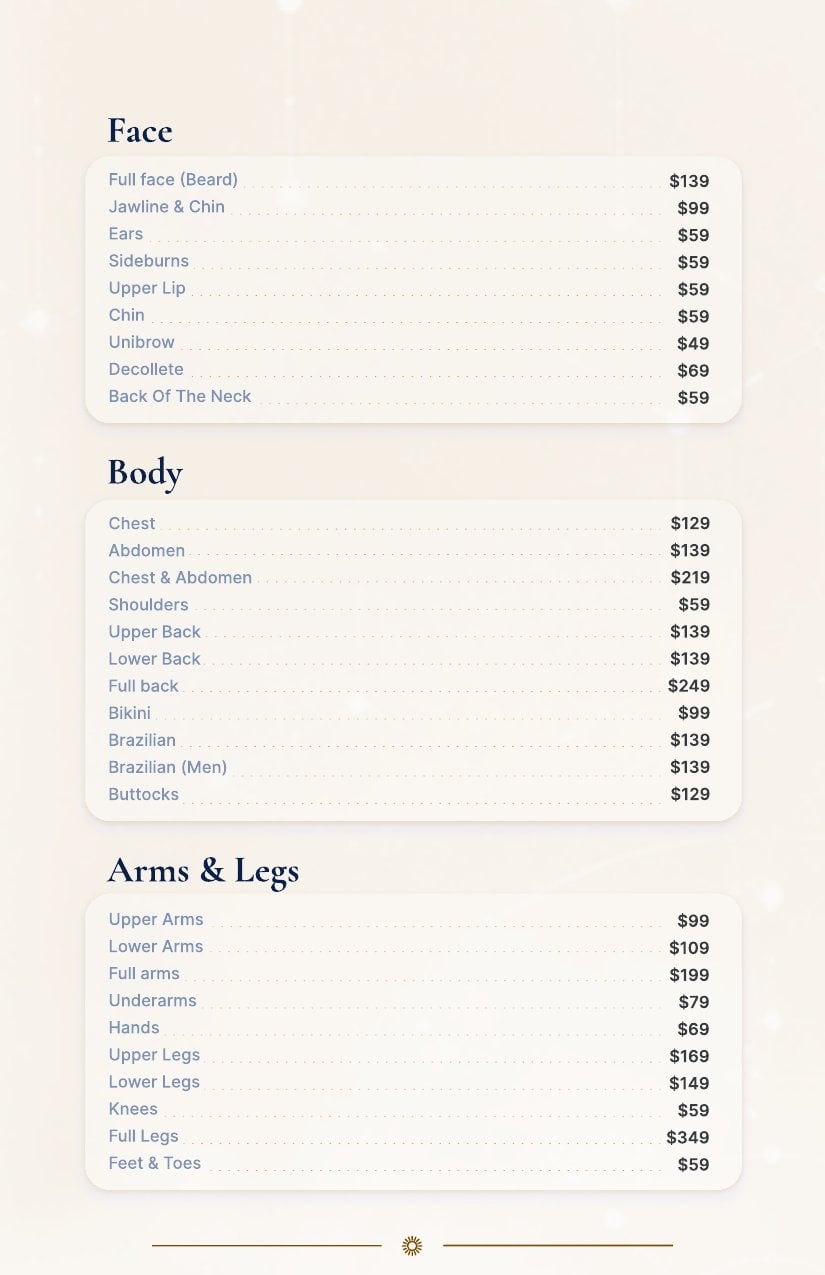 Hair removal price list showing services for face, body, arms, and legs with prices in US dollars.
