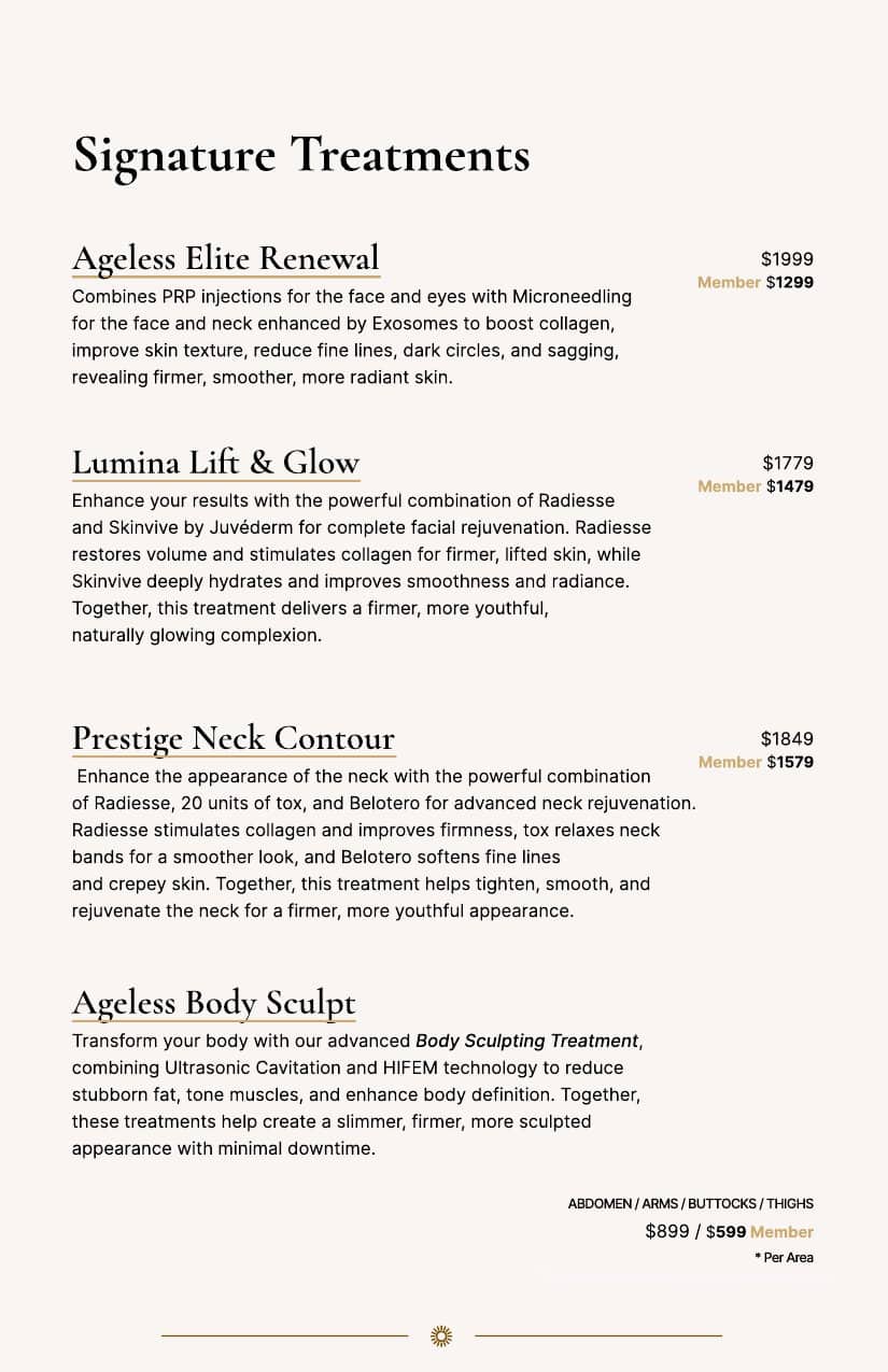 Menu features four treatments—Ageless Elite Renewal, Lumina Lift & Glow, Prestige Neck Contour, Ageless Body Sculpt—with prices and member rates.