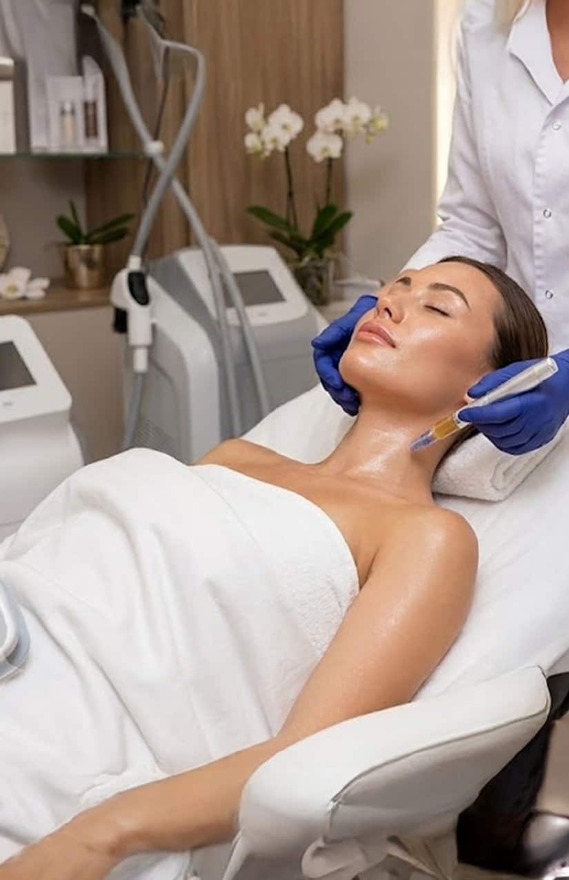 A clinician in gloves applies a facial treatment with a syringe-like tool to a relaxed person lying on a spa chair.