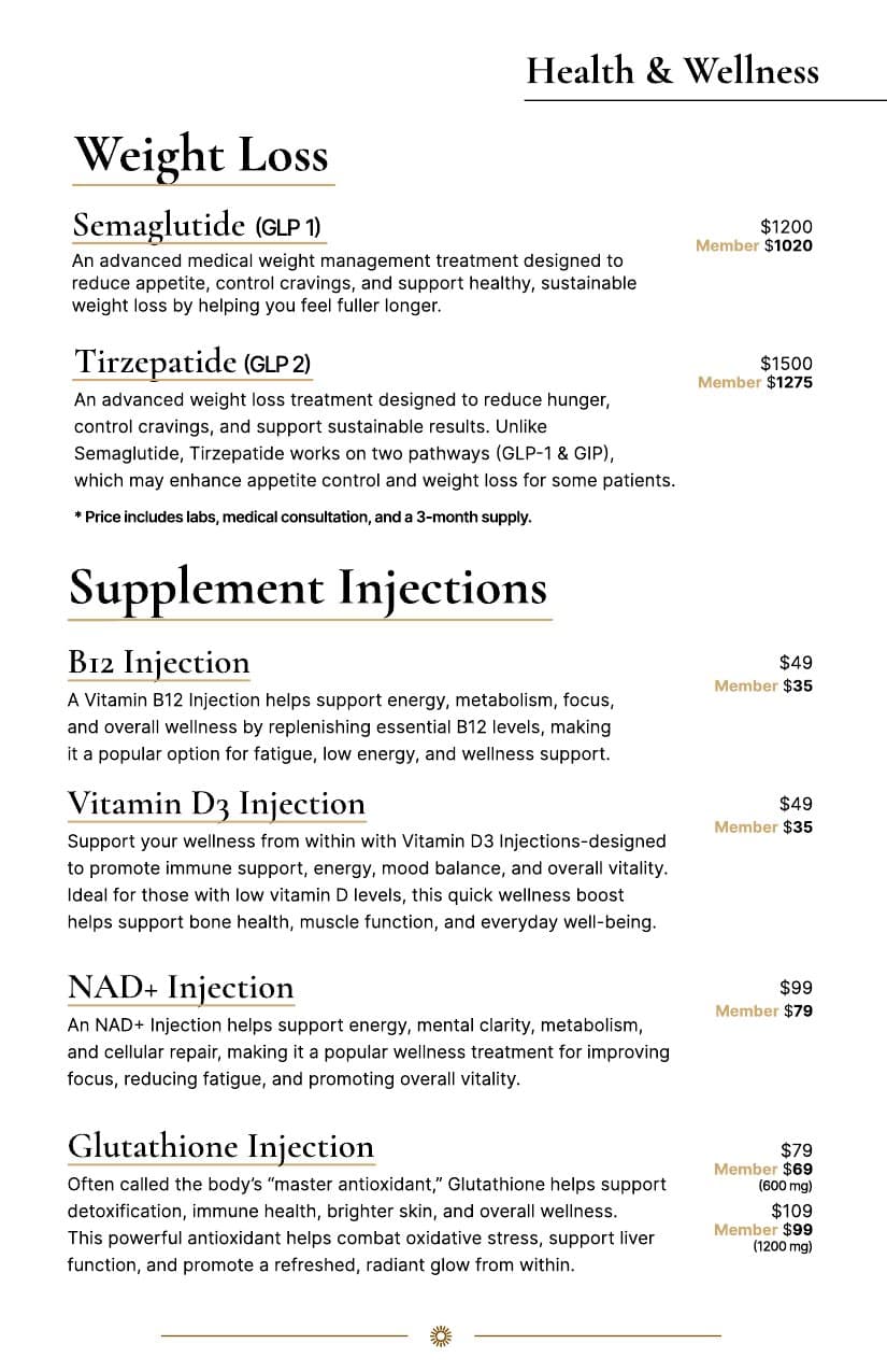 Menu of weight loss and supplement injections with pricing for Semaglutide, Tirzepatide, B12, Vitamin D3, NAD+, Glutathione.