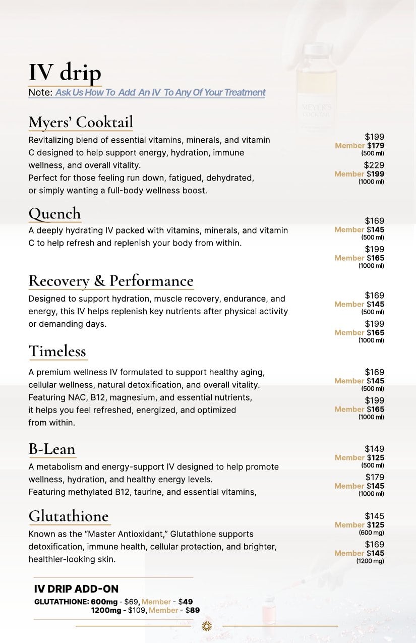 IV drip wellness menu with options like Myers’ Cocktail and Quench, plus treatment details and member pricing.